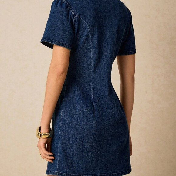 Dark Wash Casual Women's Denim Button-Up Mini Dress - Picture 2 of 7